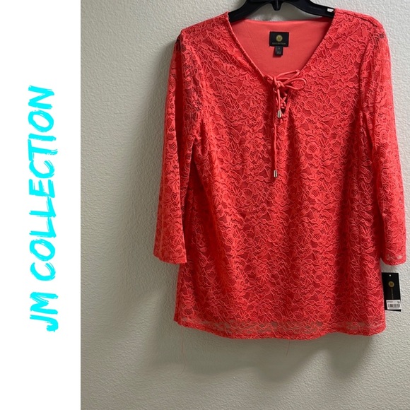 L)  JM Collection Lace Long Sleeve V- Neck Front zip zack string Tye Coral - Picture 9 of 9